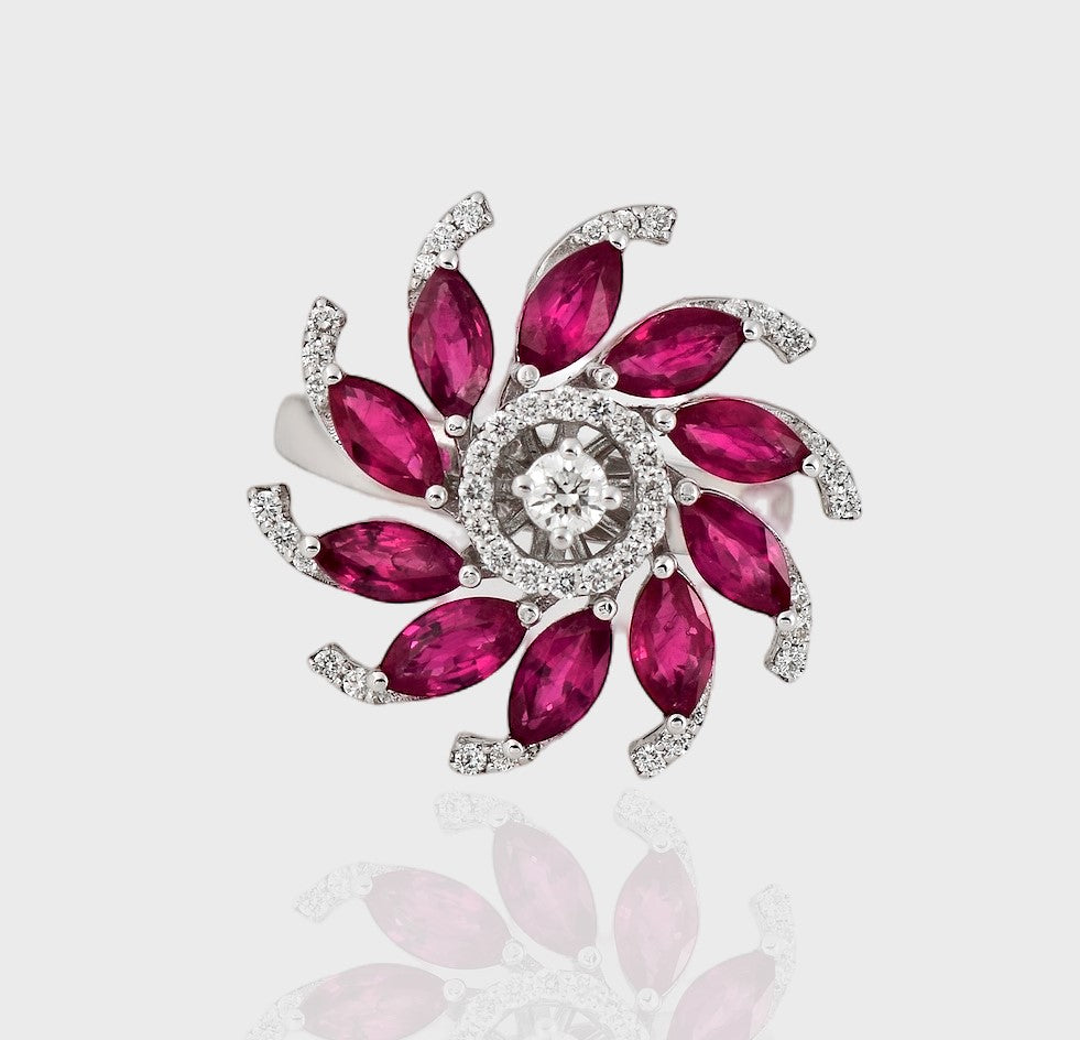 Ring adorned with the timeless allure of diamonds and the fiery elegance of ruby marquise, a piece designed to embody sophistication and grace. (PGDR0285)