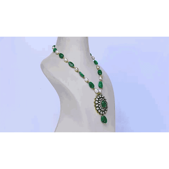 Stunning Pendant with Emerald Cabochons and Diamond Polki - (KMNE3411)