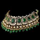 Stunning fusion-style necklace and earring pair featuring a majestic emerald octagon centerpiece, dazzling diamond polki, round diamonds, and elegant stringing of emerald maniya and pearls - KMNE3502
