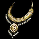 Graceful Ekposta necklace and earring pair adorned with radiant diamond polki, delicate pearl stringing, and vibrant emerald beads - KMNE3496