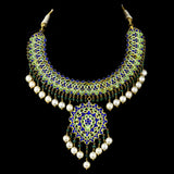 Graceful Ekposta necklace and earring pair adorned with radiant diamond polki, delicate pearl stringing, and vibrant emerald beads - KMNE3496