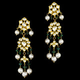 Graceful Ekposta necklace and earring pair adorned with radiant diamond polki, delicate pearl stringing, and vibrant emerald beads - KMNE3496