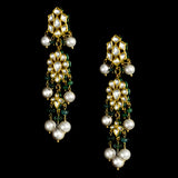 Graceful Ekposta necklace and earring pair adorned with radiant diamond polki, delicate pearl stringing, and vibrant emerald beads - KMNE3496