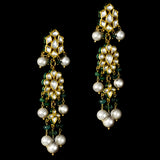 Graceful Ekposta necklace and earring pair adorned with radiant diamond polki, delicate pearl stringing, and vibrant emerald beads - KMNE3496