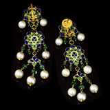 Graceful Ekposta necklace and earring pair adorned with radiant diamond polki, delicate pearl stringing, and vibrant emerald beads - KMNE3496