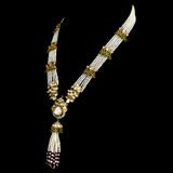 A mesmerizing fusion-style necklace and jhoomki pair adorned with diamond polki, round diamond stringing, lustrous pearls, and vibrant emerald and ruby beads - KMNE3486