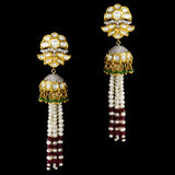 A mesmerizing fusion-style necklace and jhoomki pair adorned with diamond polki, round diamond stringing, lustrous pearls, and vibrant emerald and ruby beads - KMNE3486