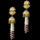 A mesmerizing fusion-style necklace and jhoomki pair adorned with diamond polki, round diamond stringing, lustrous pearls, and vibrant emerald and ruby beads - KMNE3486