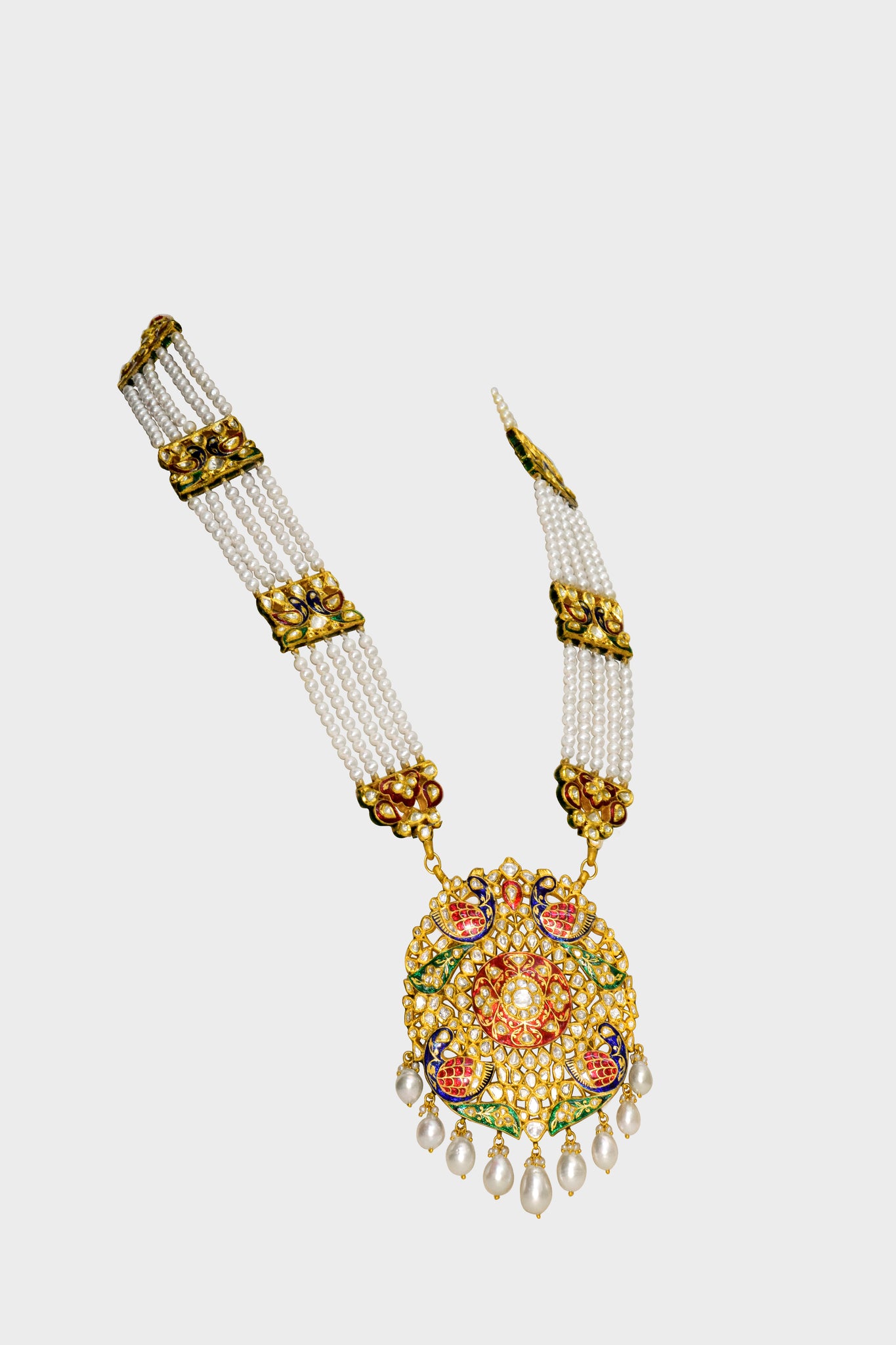 Long necklace adorned with stunning peacock Meena design