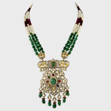 Elegant fusion-style Navratan long pendant and Jhoomki set, adorned with diamond rounds, diamond Polki, and strung with emerald and ruby Maniya and pearls. - KMNE3550