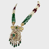 Elegant fusion-style Navratan long pendant and Jhoomki set, adorned with diamond rounds, diamond Polki, and strung with emerald and ruby Maniya and pearls. - KMNE3550