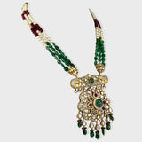 Elegant fusion-style Navratan long pendant and Jhoomki set, adorned with diamond rounds, diamond Polki, and strung with emerald and ruby Maniya and pearls. - KMNE3550