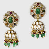 Elegant fusion-style Navratan long pendant and Jhoomki set, adorned with diamond rounds, diamond Polki, and strung with emerald and ruby Maniya and pearls. - KMNE3550