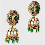 Elegant fusion-style Navratan long pendant and Jhoomki set, adorned with diamond rounds, diamond Polki, and strung with emerald and ruby Maniya and pearls. - KMNE3550