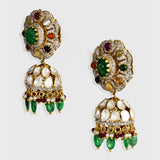 Elegant fusion-style Navratan long pendant and Jhoomki set, adorned with diamond rounds, diamond Polki, and strung with emerald and ruby Maniya and pearls. - KMNE3550