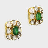 Exquisite fusion-style choker necklace and earring set, featuring dazzling diamond Polki and a striking emerald octagon. - KMNE3547