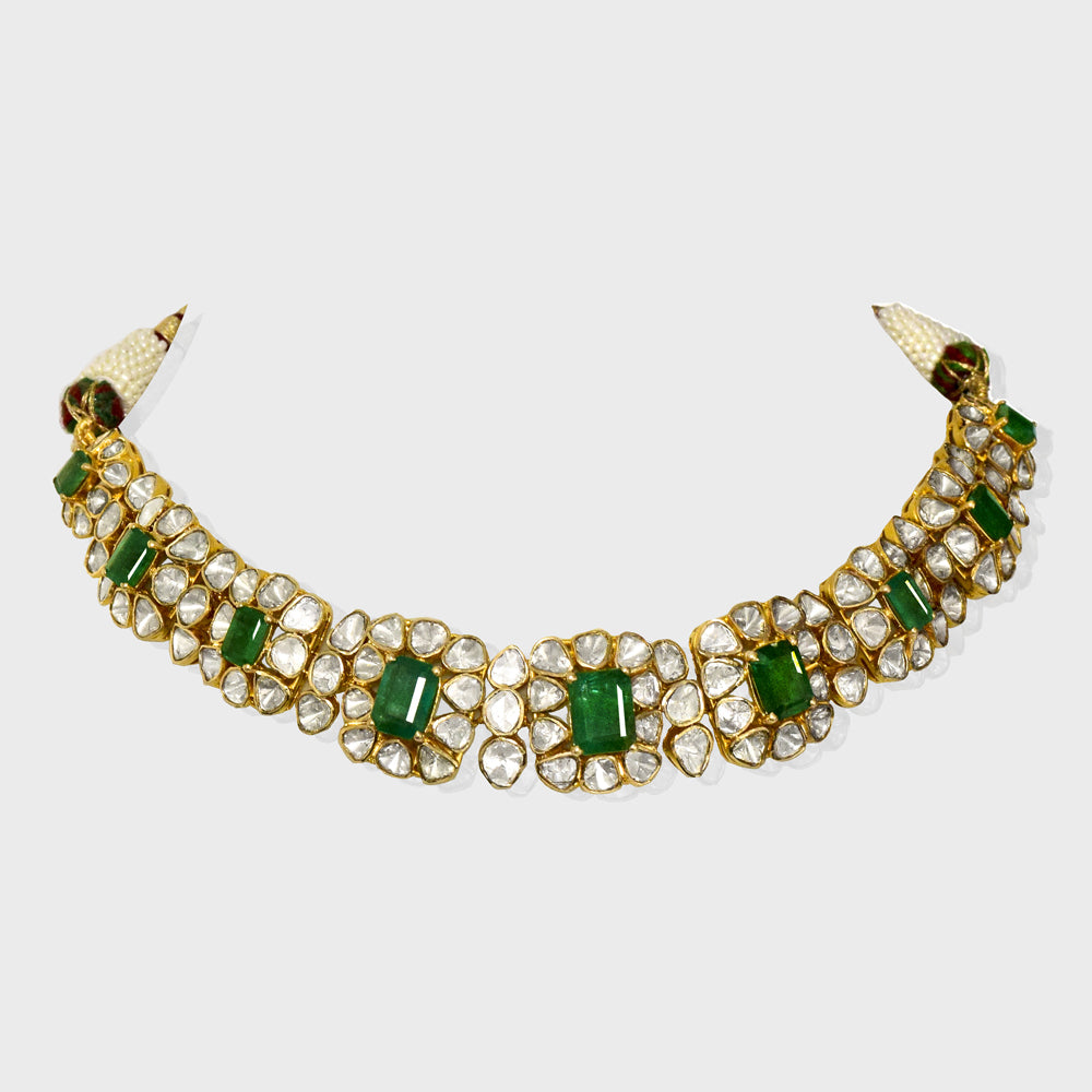 Exquisite fusion-style choker necklace and earring set, featuring dazzling diamond Polki and a striking emerald octagon. - KMNE3547