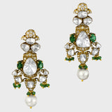 Exquisite flexible big Polki choker and earring set in fusion style, adorned with dazzling diamond rounds and emeralds. Elegantly strung with South Sea pearls and emerald beads - KMNE3565