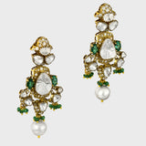 Exquisite flexible big Polki choker and earring set in fusion style, adorned with dazzling diamond rounds and emeralds. Elegantly strung with South Sea pearls and emerald beads - KMNE3565