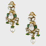 Exquisite flexible big Polki choker and earring set in fusion style, adorned with dazzling diamond rounds and emeralds. Elegantly strung with South Sea pearls and emerald beads - KMNE3565