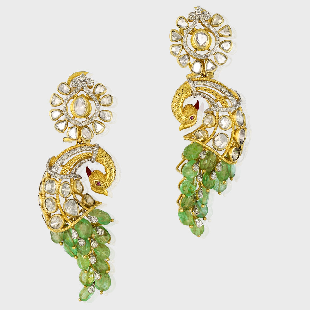 Grace your jewelry collection with this exquisite designer peacock necklace and earring set, featuring dazzling diamond rounds, radiant diamond Polki, and vibrant emeralds and rubies - KMNE3529