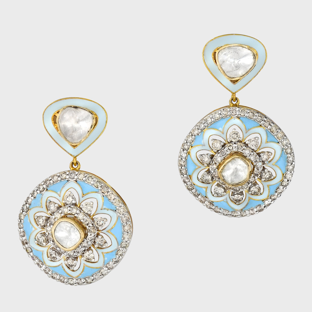 Elegant fusion-style necklace and earring pair featuring dazzling diamond polki, round diamonds, and intricate firoza and white meena detailing - KMNE3492