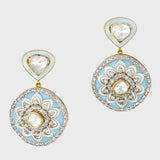 Elegant fusion-style necklace and earring pair featuring dazzling diamond polki, round diamonds, and intricate firoza and white meena detailing - KMNE3492