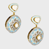 Elegant fusion-style necklace and earring pair featuring dazzling diamond polki, round diamonds, and intricate firoza and white meena detailing - KMNE3492