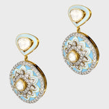 Elegant fusion-style necklace and earring pair featuring dazzling diamond polki, round diamonds, and intricate firoza and white meena detailing - KMNE3492