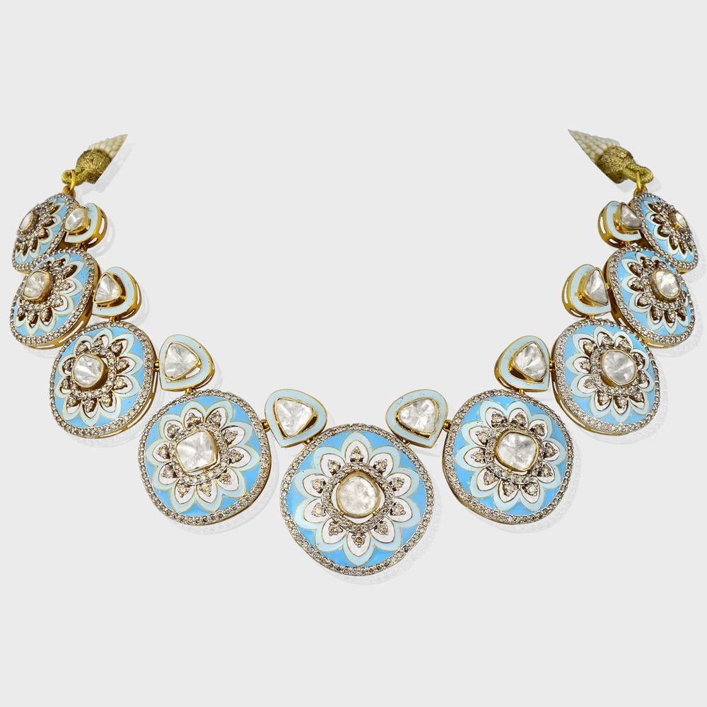 Elegant fusion-style necklace and earring pair featuring dazzling diamond polki, round diamonds, and intricate firoza and white meena detailing - KMNE3492