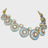 Elegant fusion-style necklace and earring pair featuring dazzling diamond polki, round diamonds, and intricate firoza and white meena detailing - KMNE3492