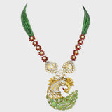 Grace your jewelry collection with this exquisite designer peacock necklace and earring set, featuring dazzling diamond rounds, radiant diamond Polki, and vibrant emeralds and rubies - KMNE3529