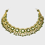 Exquisite traditional green Meenakari necklace and earring set, adorned with dazzling diamond Polki and elegant emerald bead hangings - KMNE3525