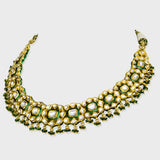 Exquisite traditional green Meenakari necklace and earring set, adorned with dazzling diamond Polki and elegant emerald bead hangings - KMNE3525