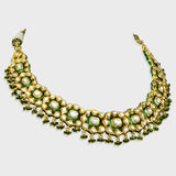 Exquisite traditional green Meenakari necklace and earring set, adorned with dazzling diamond Polki and elegant emerald bead hangings - KMNE3525