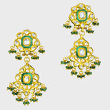 Exquisite traditional green Meenakari necklace and earring set, adorned with dazzling diamond Polki and elegant emerald bead hangings - KMNE3525