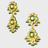 Exquisite traditional green Meenakari necklace and earring set, adorned with dazzling diamond Polki and elegant emerald bead hangings - KMNE3525