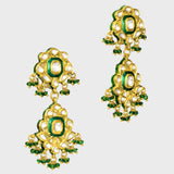 Exquisite traditional green Meenakari necklace and earring set, adorned with dazzling diamond Polki and elegant emerald bead hangings - KMNE3525