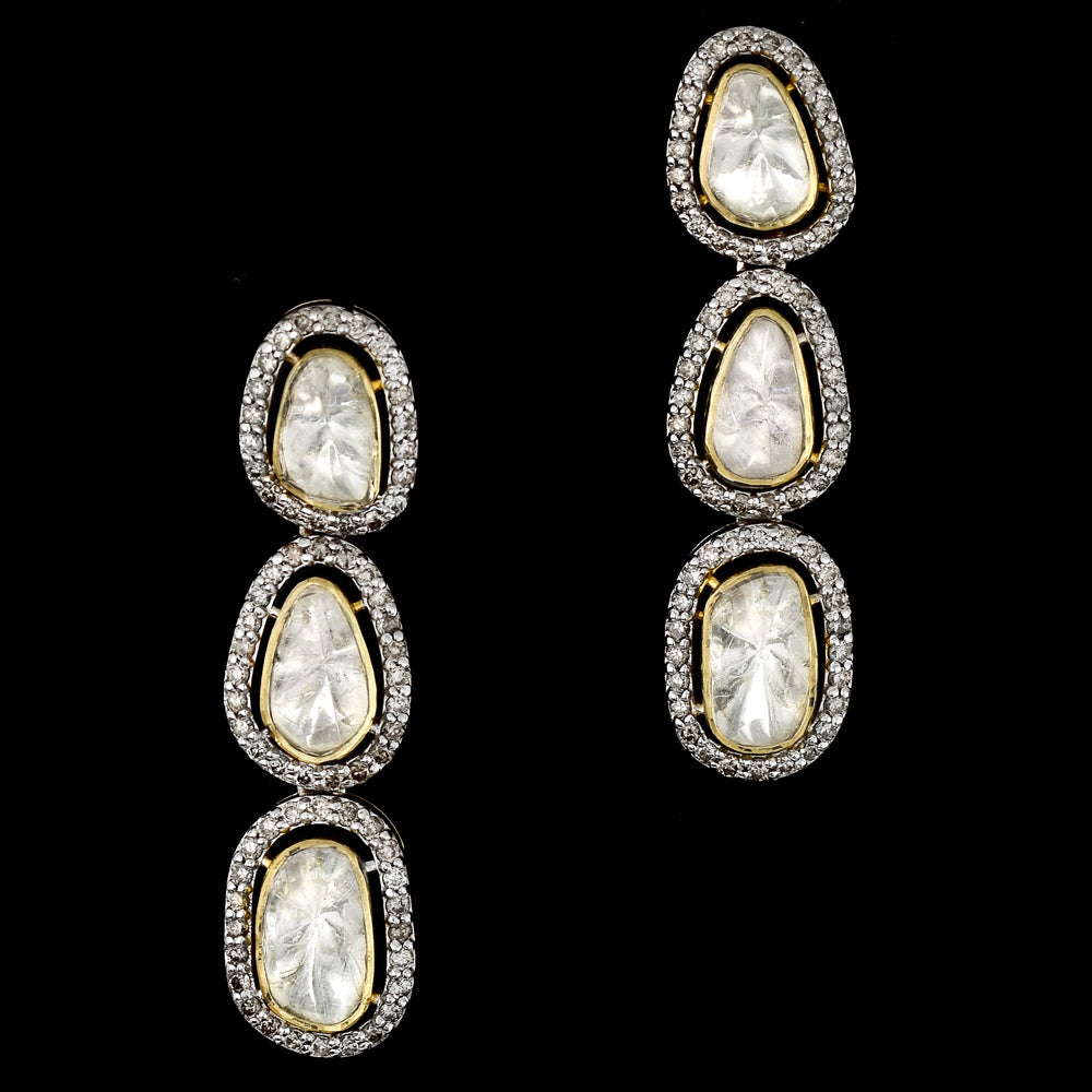 Exquisite double-line fusion-style necklace and earring pair adorned with dazzling diamond polki and round diamonds - KMNE3509