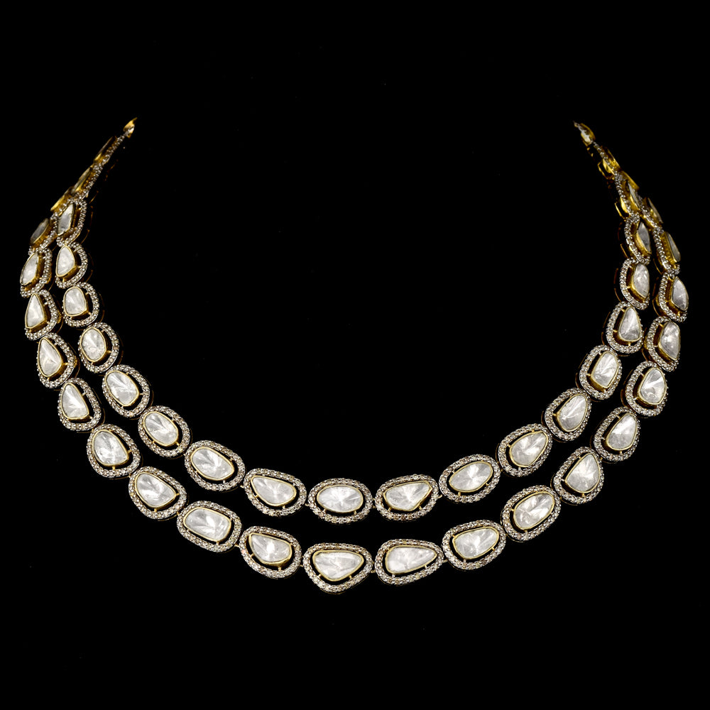 Exquisite double-line fusion-style necklace and earring pair adorned with dazzling diamond polki and round diamonds - KMNE3509