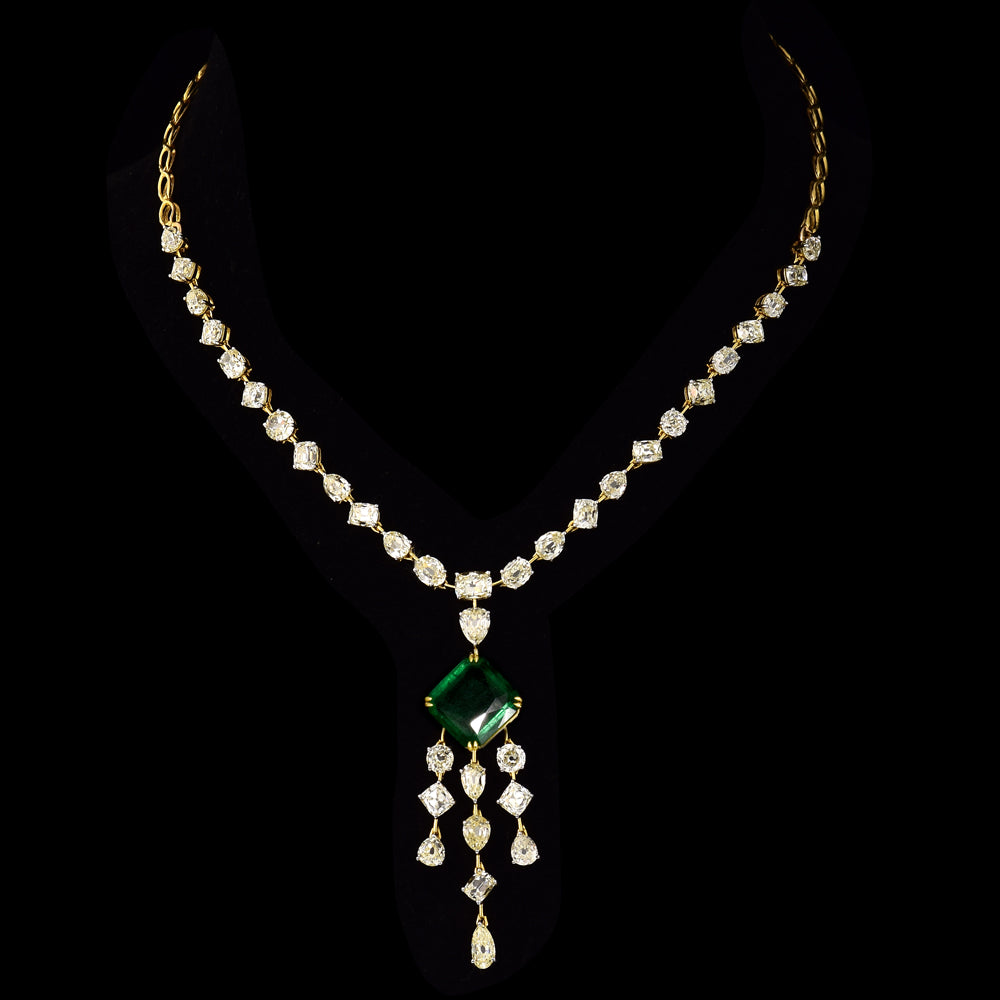 Timeless Brilliance: Mutual Cut Diamond Necklace with Striking Emerald Octagon - GDNE0514