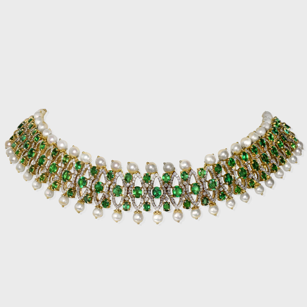 Exquisite choker necklace adorned with dazzling diamonds, vibrant emeralds, and lustrous pearls. - PGDNE0141