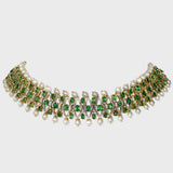 Exquisite choker necklace adorned with dazzling diamonds, vibrant emeralds, and lustrous pearls. - PGDNE0141