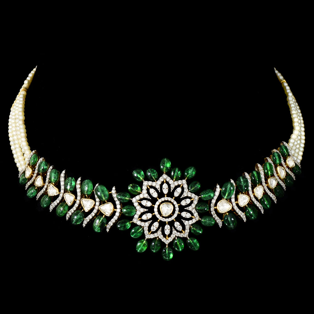Elegant flexible small choker and tops set in fusion style, featuring dazzling diamond Polki, diamond rounds, emerald cabochons, and delicate pearl stringing. - KMNE3557