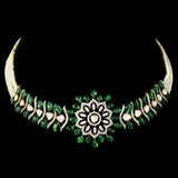 Elegant flexible small choker and tops set in fusion style, featuring dazzling diamond Polki, diamond rounds, emerald cabochons, and delicate pearl stringing. - KMNE3557