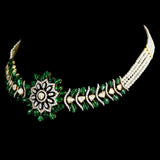Elegant flexible small choker and tops set in fusion style, featuring dazzling diamond Polki, diamond rounds, emerald cabochons, and delicate pearl stringing. - KMNE3557