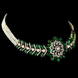 Elegant flexible small choker and tops set in fusion style, featuring dazzling diamond Polki, diamond rounds, emerald cabochons, and delicate pearl stringing. - KMNE3557