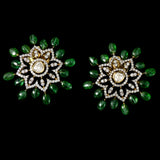 Elegant flexible small choker and tops set in fusion style, featuring dazzling diamond Polki, diamond rounds, emerald cabochons, and delicate pearl stringing. - KMNE3557