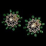 Elegant flexible small choker and tops set in fusion style, featuring dazzling diamond Polki, diamond rounds, emerald cabochons, and delicate pearl stringing. - KMNE3557