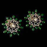 Elegant flexible small choker and tops set in fusion style, featuring dazzling diamond Polki, diamond rounds, emerald cabochons, and delicate pearl stringing. - KMNE3557